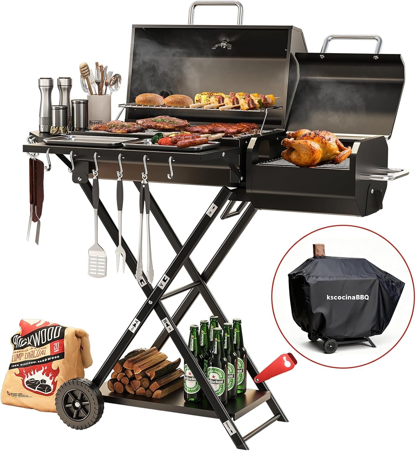 kscocinaBBQ Parrilla Portátil Carbón Plegable Maleta Ruedas